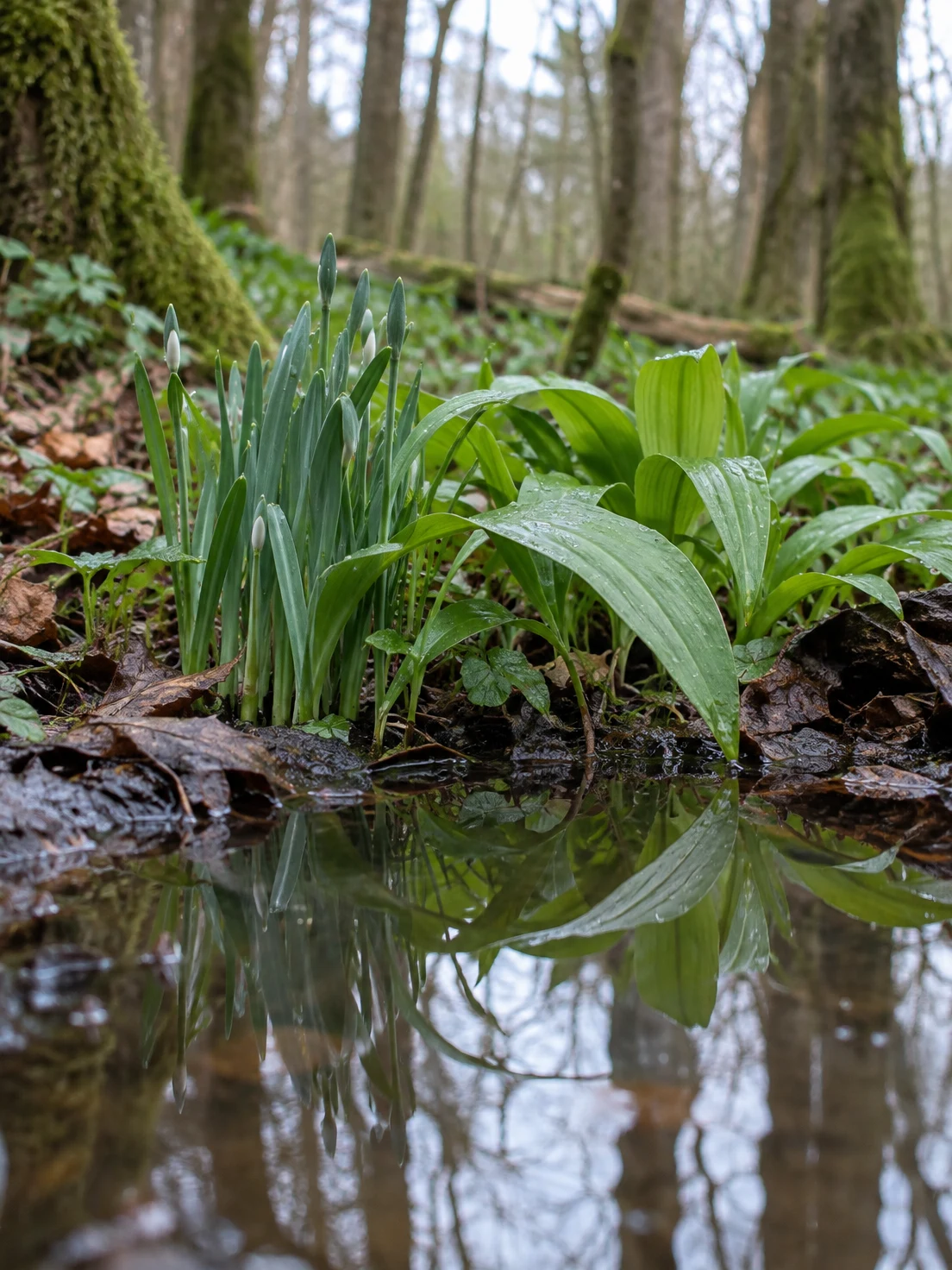 A low view across wet woodland leaf litter shows broad green leaves and a clump of narrow upright shoots beside a still puddle reflecting the plants and pale…