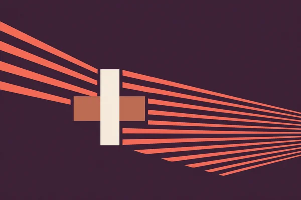 A minimalist abstract poster with coral diagonal bands converging across a dark aubergine field, interrupted near the centre-left by a terracotta horizontal…