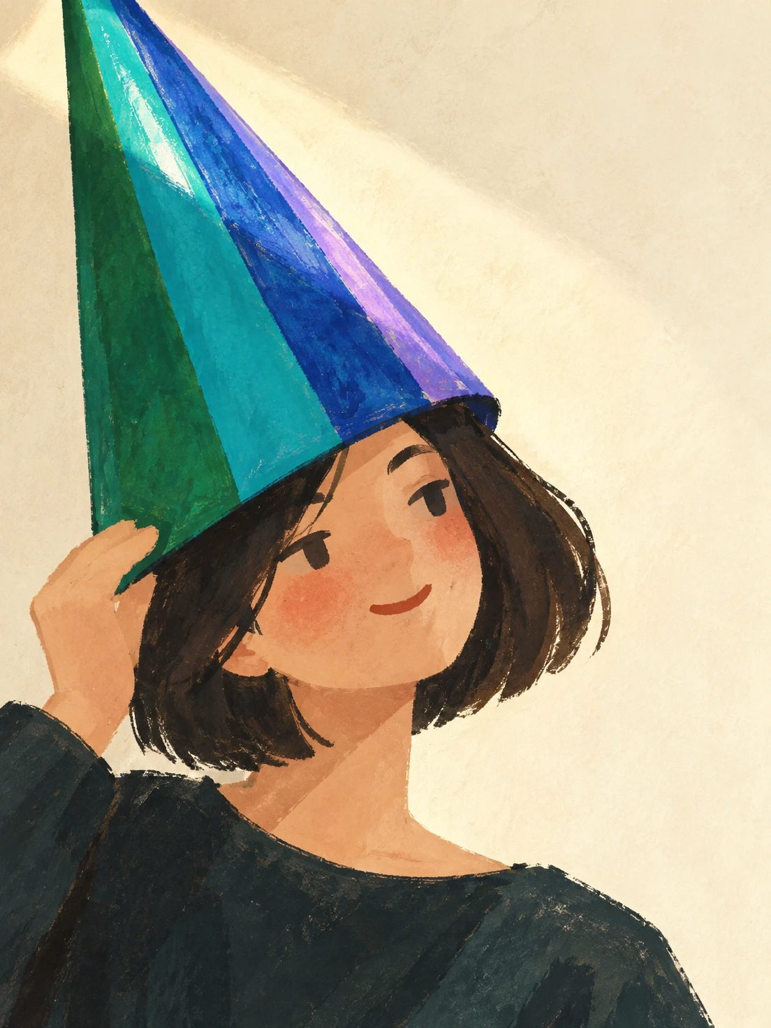 A woman in a dark top steadies a very tall, diagonally leaning party hat with emerald, teal, cobalt and violet sections.