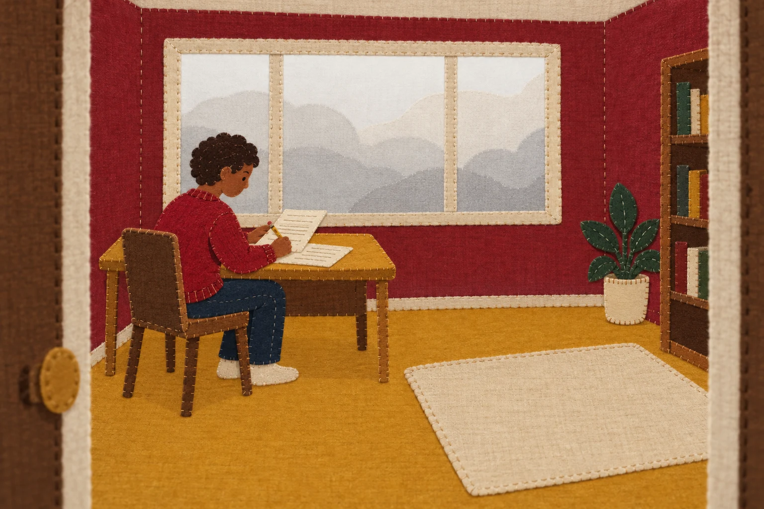 A brown-skinned student with short curls sits at a wooden desk, writing on cream sheets in a ruby-walled study.