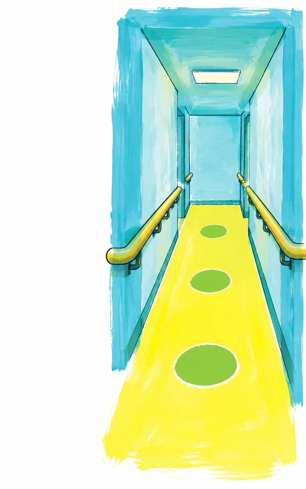 A hand-painted illustration of an empty cyan rehabilitation corridor with thick yellow handrails, a lemon-yellow walking lane, and three green circular…