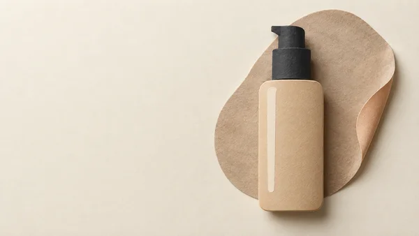 A layered paper collage on a warm ivory surface shows a sand-beige foundation pump bottle in front of a large taupe paper swatch with one curled peach-toned…