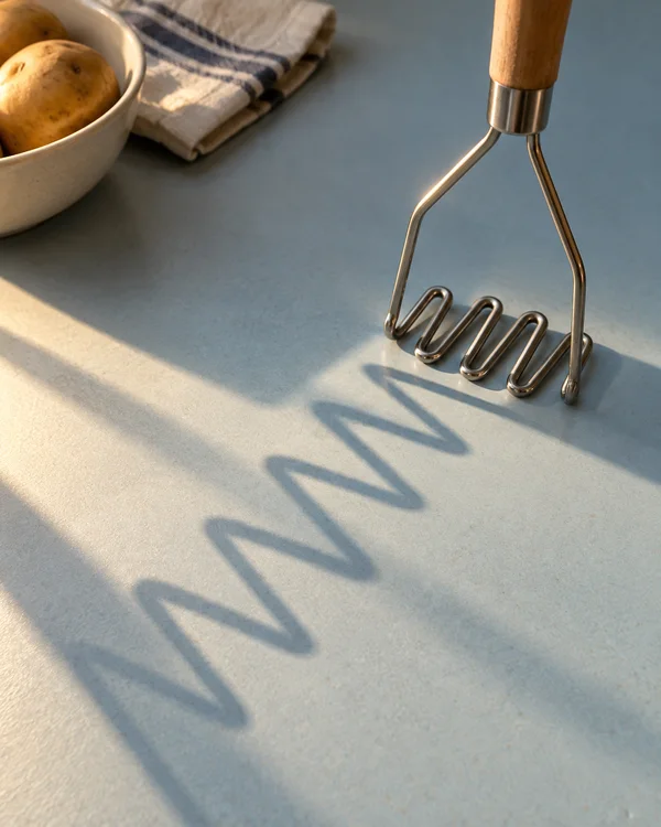 A stainless-steel potato masher with a wooden handle stands on a pale blue worktop, casting a long zigzag shadow diagonally across the surface.