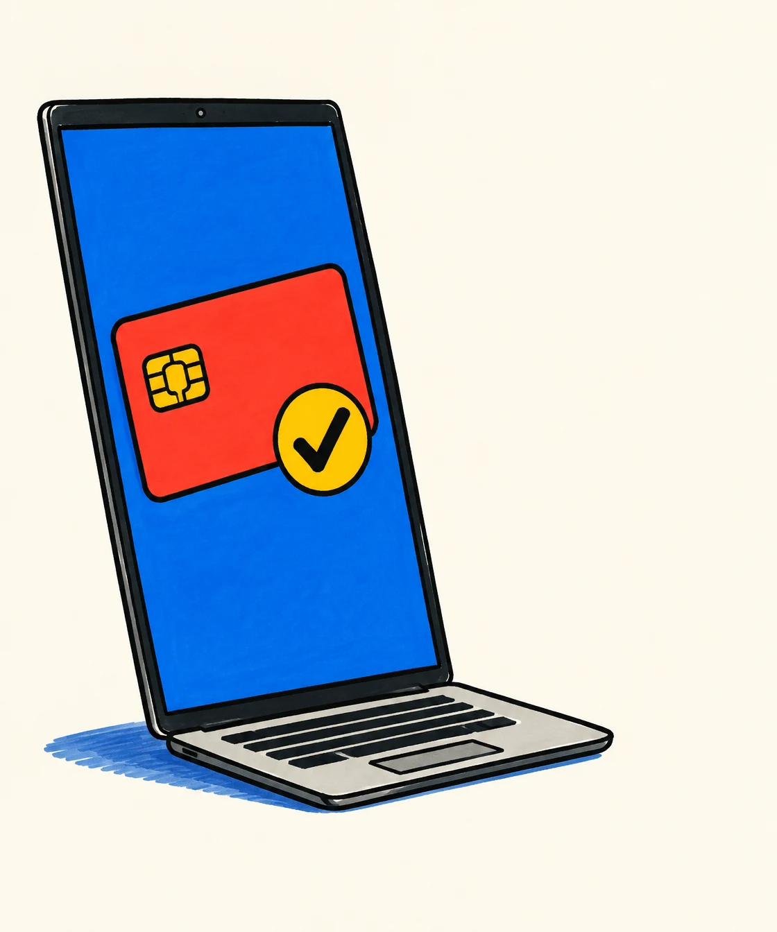 An open laptop with a tall blue screen sits on a warm ivory surface.