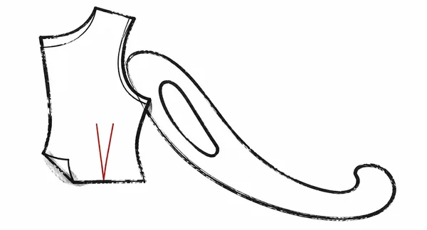 An overhead black-ink illustration of a bodice sewing pattern with a red V-shaped dart beside an oversized looping French curve; a corner of the pattern is…