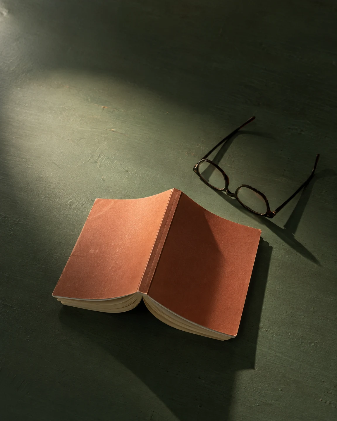 An open paperback with a plain terracotta cover and uneven cream page edges rests on a muted green tabletop beside dark reading glasses with their temples open.