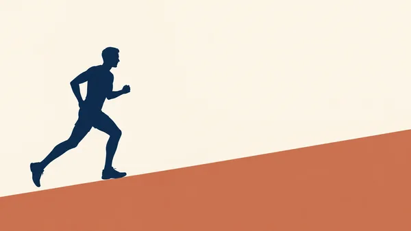 A navy silhouette of an adult runner in side profile moves to the right up a terracotta slope, against a warm ivory background with broad empty space ahead.