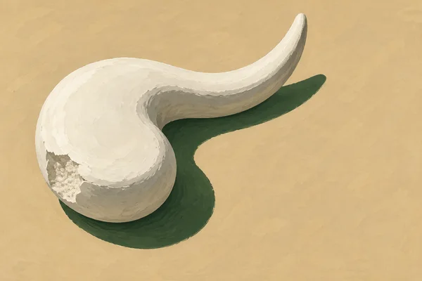 A chalk-white comma-shaped plaster sculpture with a long curling tail rests on a warm beige surface, casting a dark green shadow; a rough chipped area is…