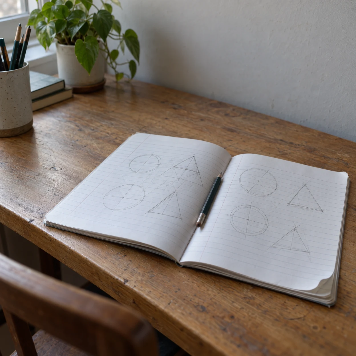 An open ruled notebook with pencil-drawn circles and triangles lies on a worn wooden desk, with a pencil resting in its gutter.