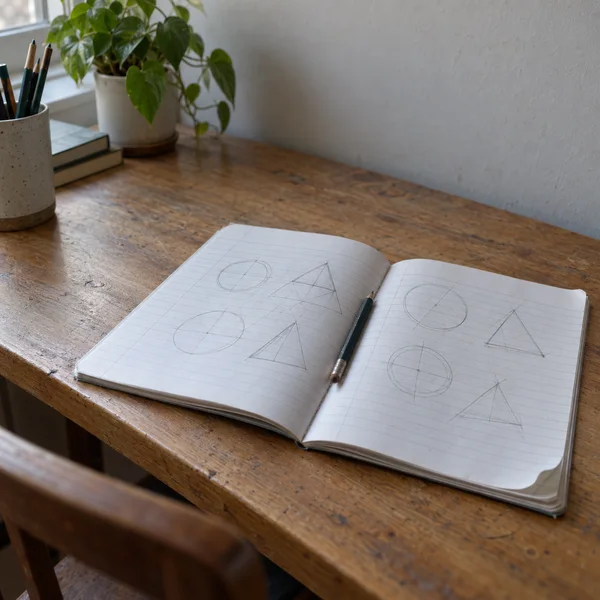 An open ruled notebook with pencil-drawn circles and triangles lies on a worn wooden desk, with a pencil resting in its gutter.