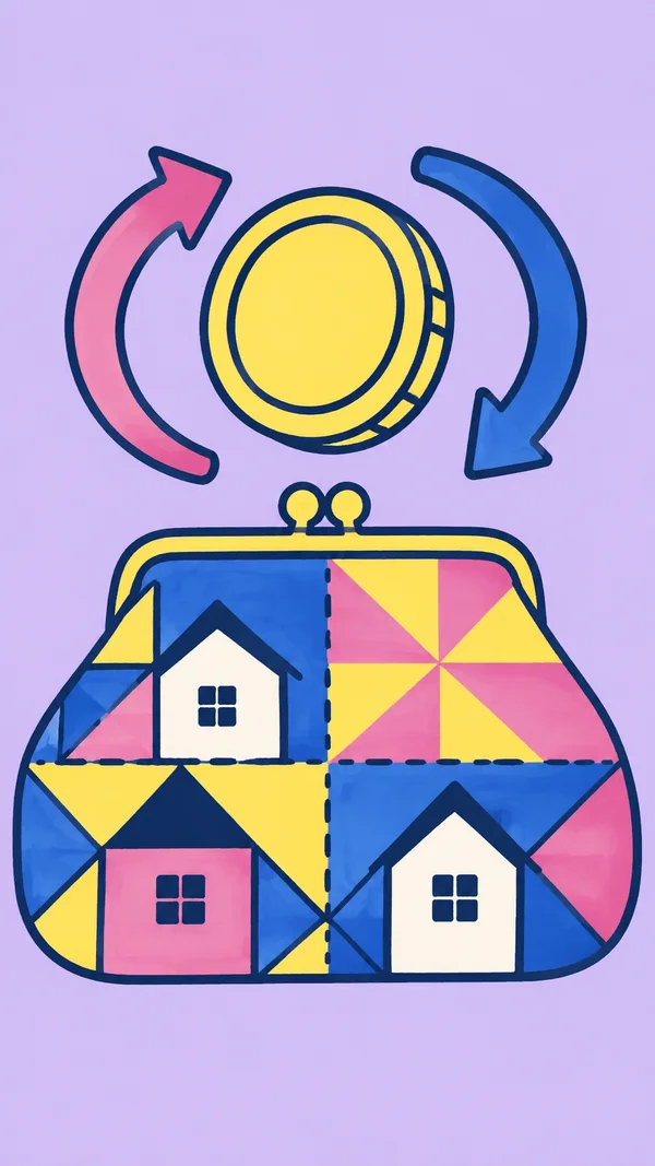 A wide patchwork purse with three house motifs sits on a pale lavender background, beneath a large yellow coin surrounded by pink and blue curved arrows.