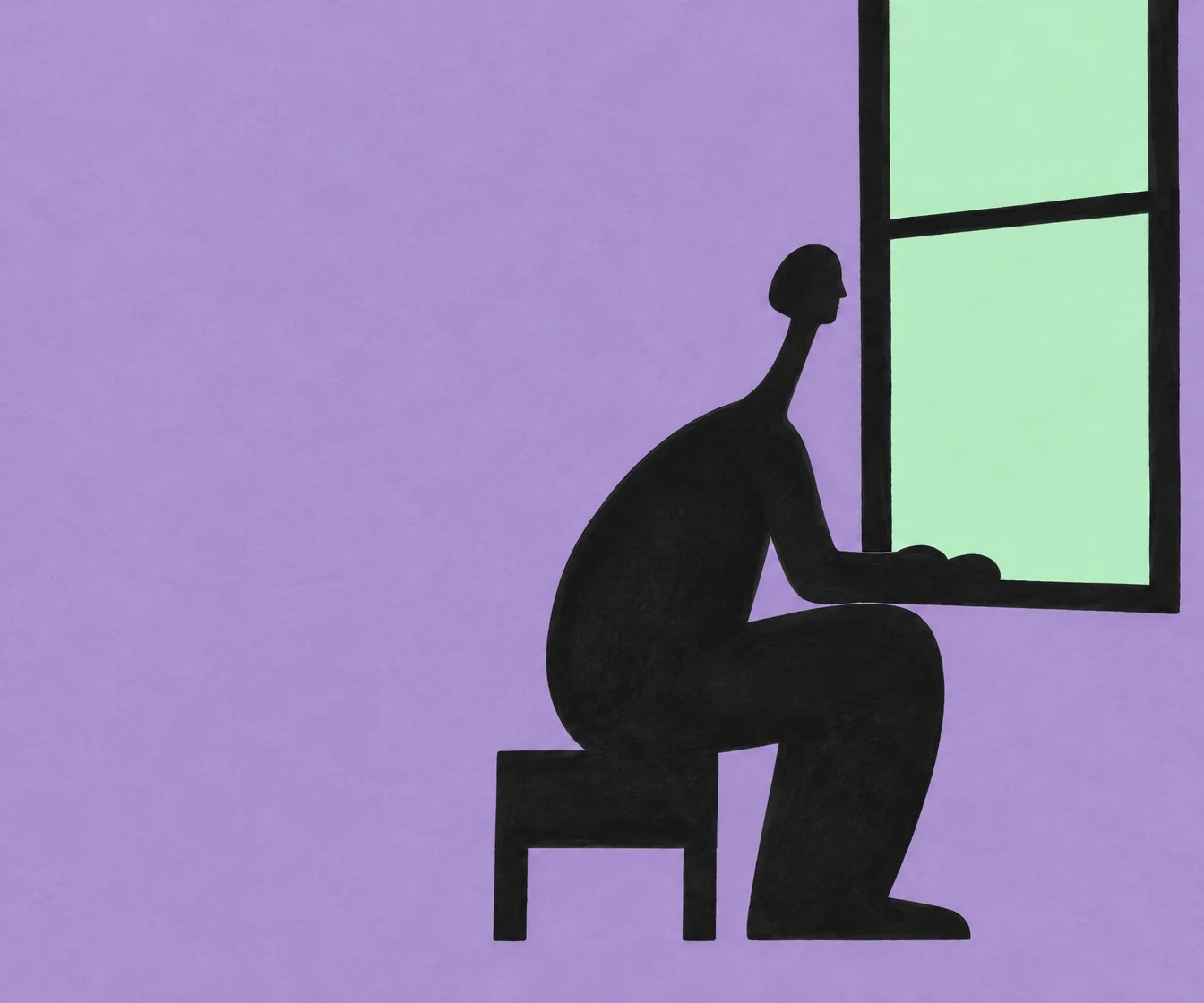 A black cut-paper-style silhouette of a person with a long neck sits on a low stool beside a tall mint window, resting their arms on the sill against a…