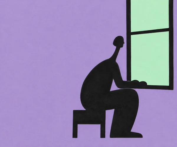 A black cut-paper-style silhouette of a person with a long neck sits on a low stool beside a tall mint window, resting their arms on the sill against a…