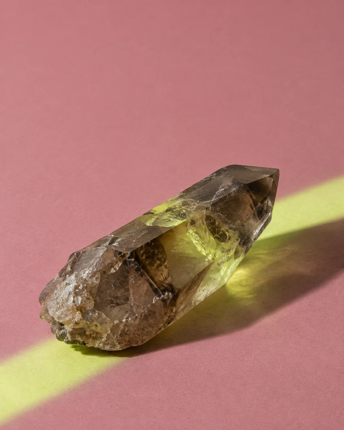 A rough, translucent brown-grey quartz point lies diagonally on a dusty-pink surface, crossed by a bright lime band of light with a long shadow extending to…