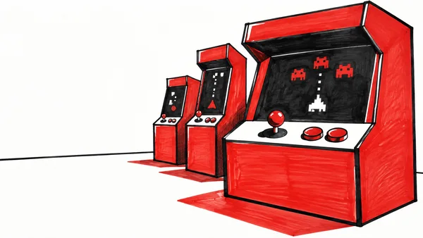 Three red arcade cabinets recede across a simple white room, with a broad cabinet filling the right foreground and pixel-style shapes on its dark screen.