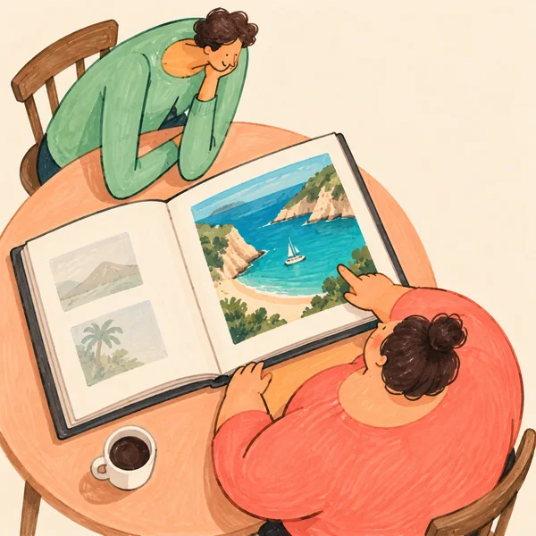 Two people sit at a peach-colored round table and look at an open photo album.
