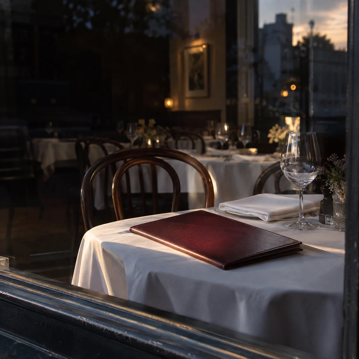 A closed burgundy leather menu folio lies diagonally on a white tablecloth beside a folded napkin and an empty wineglass, seen through a restaurant window.