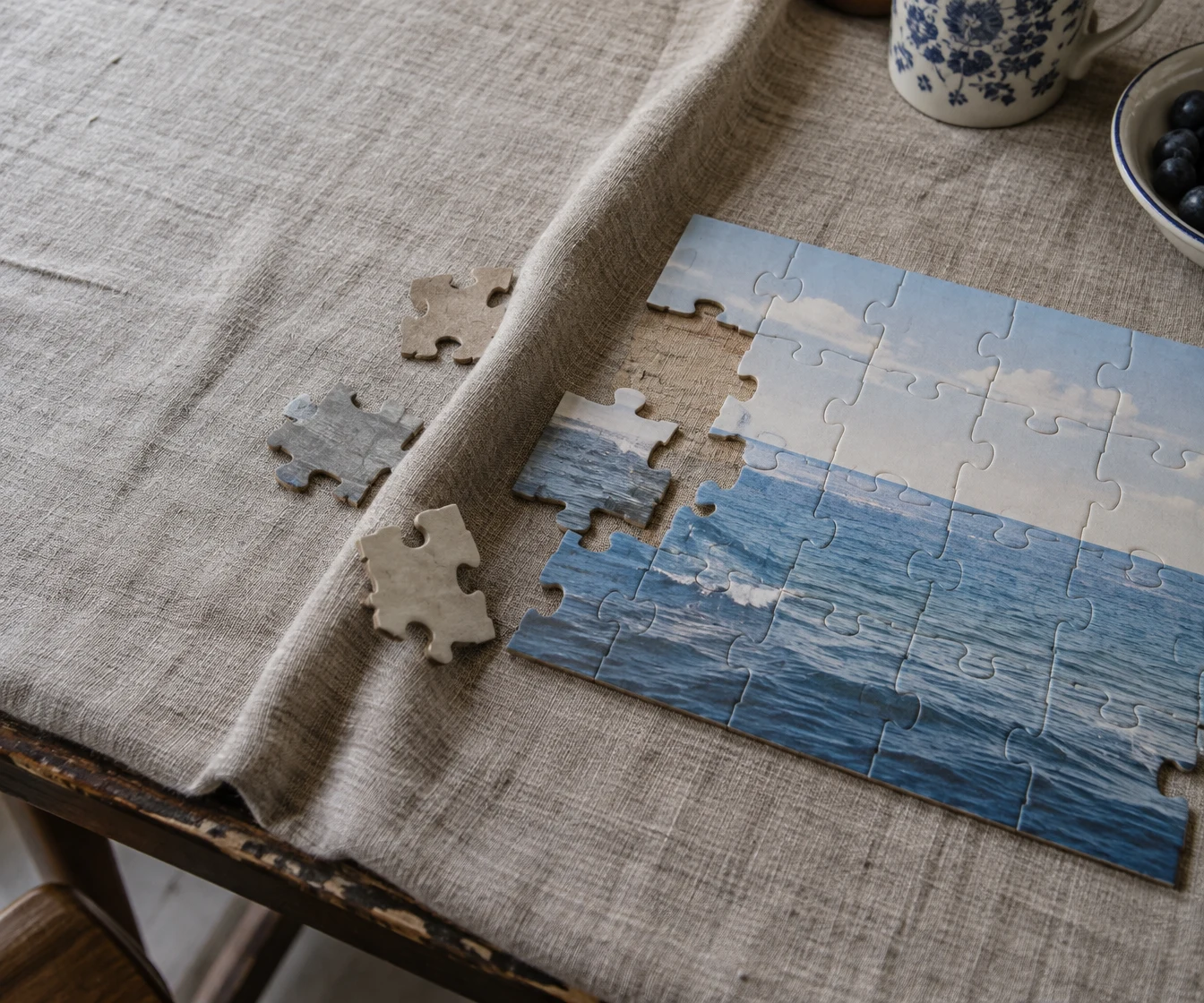 A partly assembled blue-sea jigsaw puzzle and three loose pieces with plain backs sit on a rumpled linen-covered table, with a chipped wooden edge and cropped…