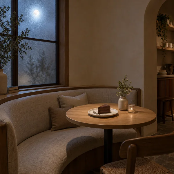A round wooden table with a slice of chocolate cake and a fork sits beside a curved upholstered banquette in a café alcove.