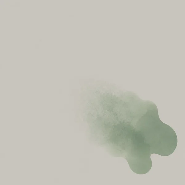 A translucent muted-green patch with a diffuse, powdery upper-left edge and several rounded lobes sits below and right of centre on a warm-grey square ground.