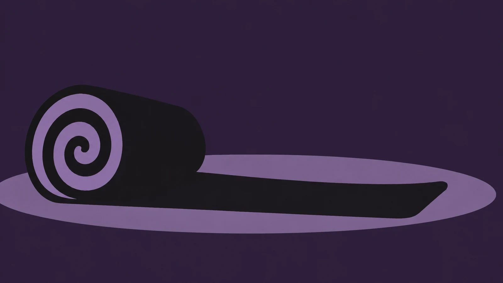 A black exercise mat lies across a dark plum background, with a large lavender spiral in its rolled end and a lavender oval beneath it.