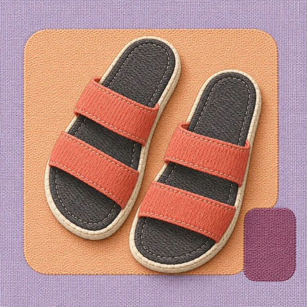 An embroidered pair of coral two-strap slide sandals with charcoal footbeds and cream rims sits diagonally on an apricot rounded rectangle against lilac woven…