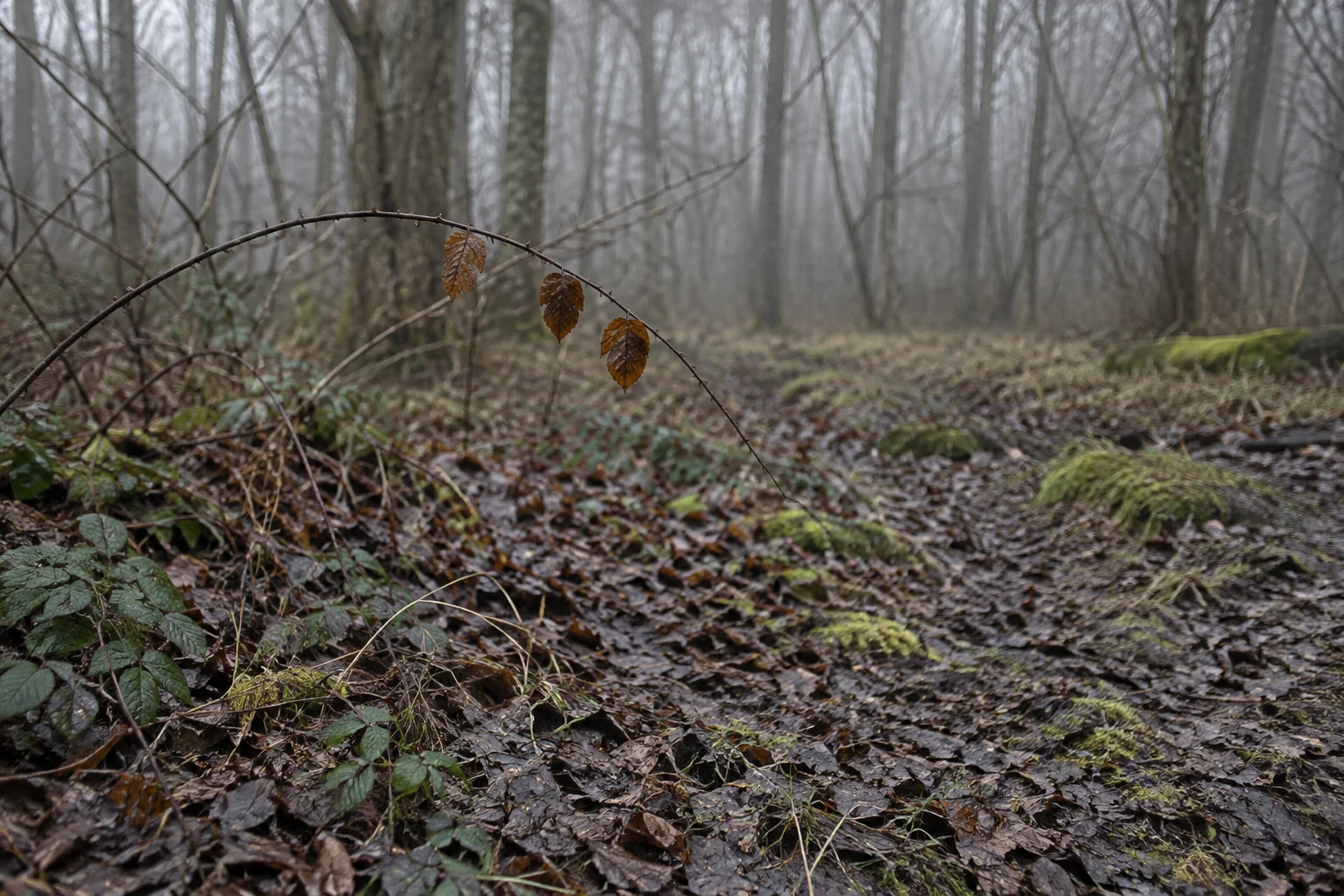 A thin thorny bramble cane arches in from the left with three rust-brown leaves, above wet leaf litter and patches of moss in a misty woodland of bare tree…