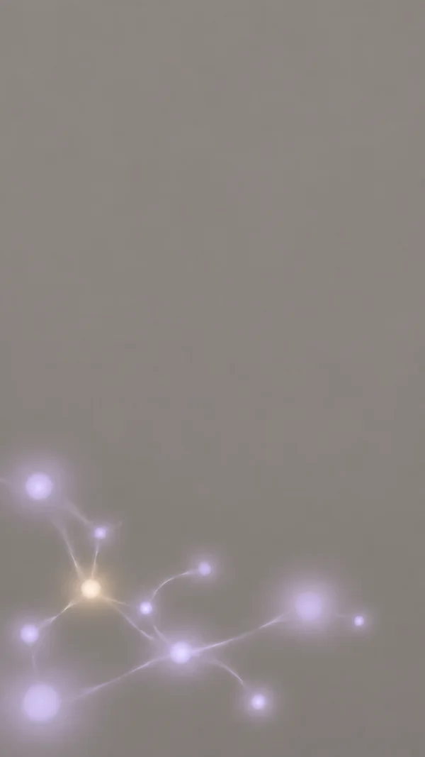A sparse glowing network of pale lilac nodes and fine filaments branches across the lower part of a warm-grey vertical field, with one cream-colored node and…