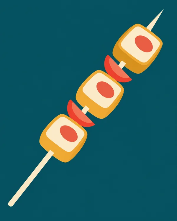 A diagonal cream skewer carries three golden rounded-square pieces with cream centers and coral oval details, separated by two coral wedges, against a deep…
