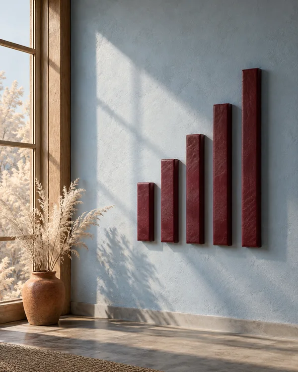 Five burgundy rectangular bars of increasing height project from a pale-blue plaster wall beside a tall wood-framed window.