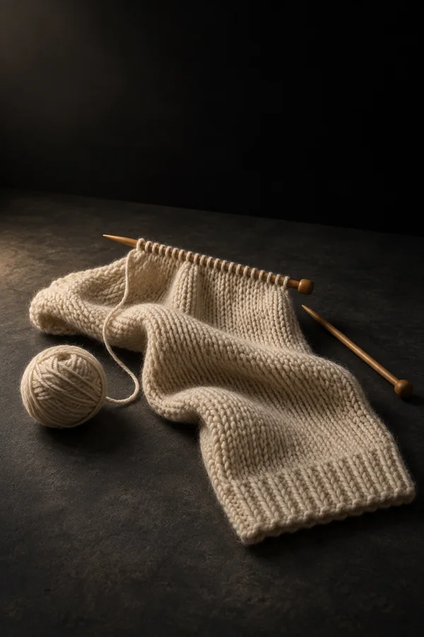 An ivory knitted scarf in loose folds rests on a dark charcoal tabletop, with live stitches on a wooden knitting needle, a second needle beside it, and a…