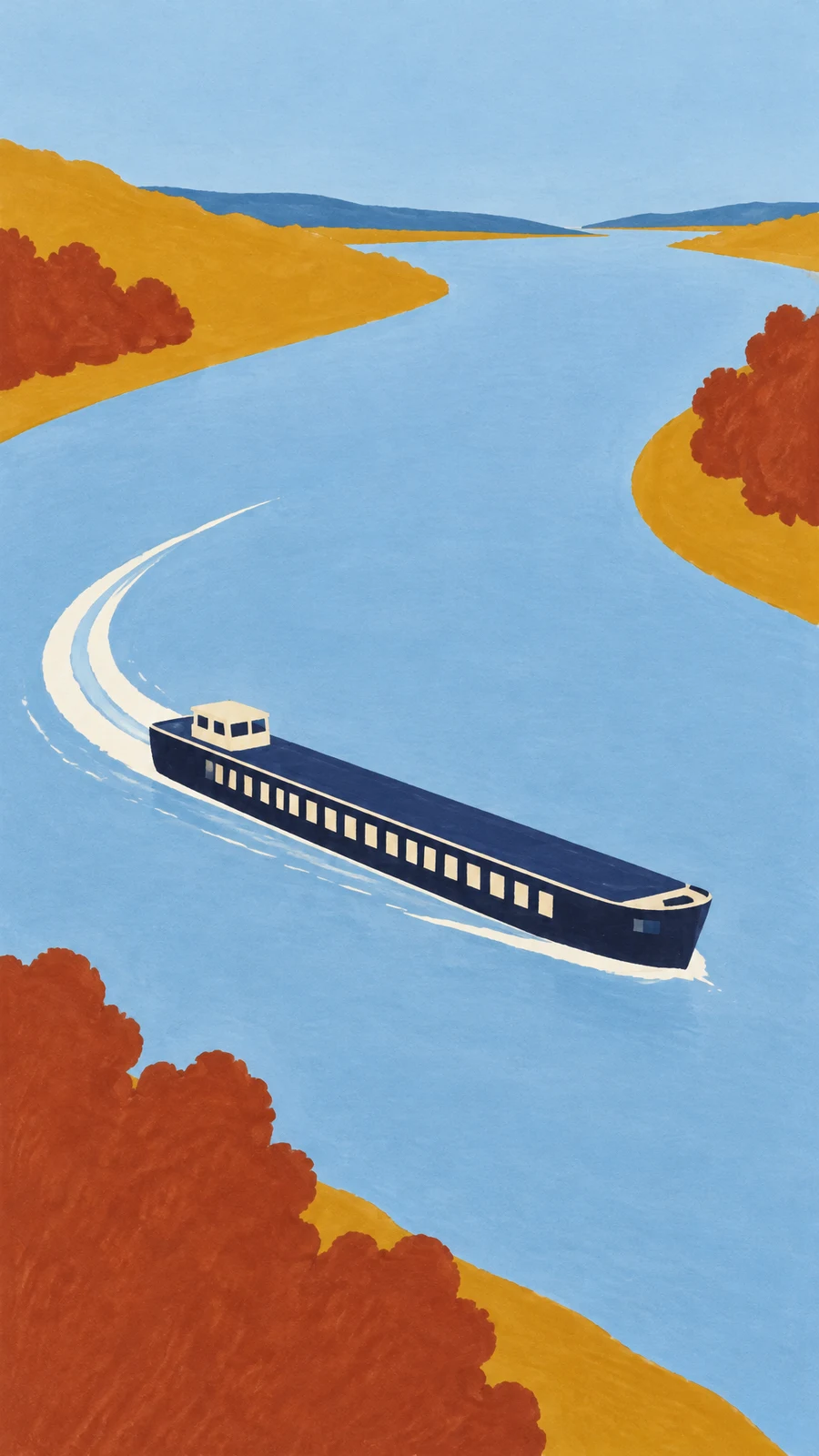 A long navy river-cruise boat with a cream cabin travels diagonally across a pale blue river, leaving a curved cream wake; ochre banks and rust-colored foliage…