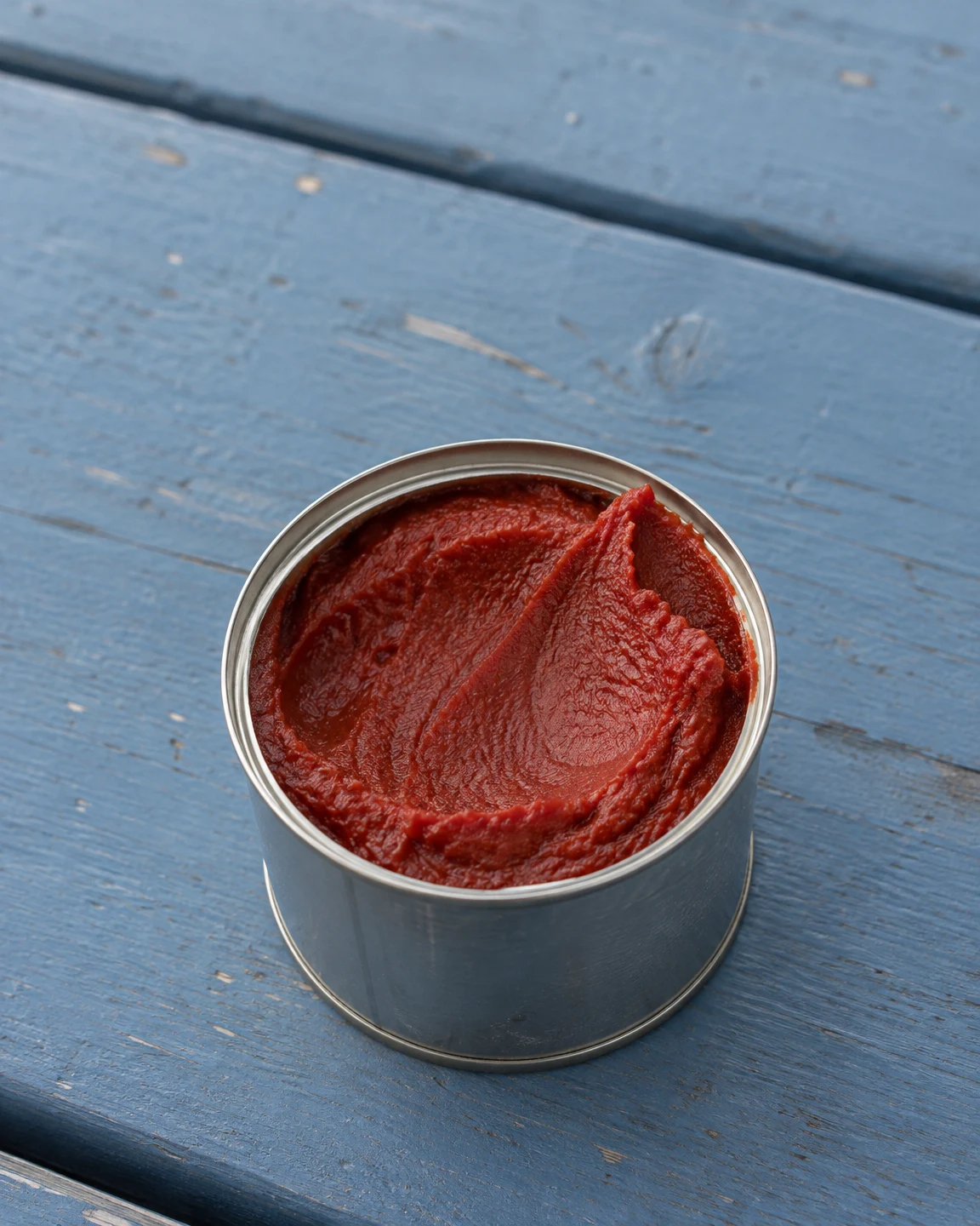 An open, unlabelled silver tin of deep-red tomato paste sits on a weathered blue-painted picnic table, with a broad spoon-shaped sweep and a raised point in…