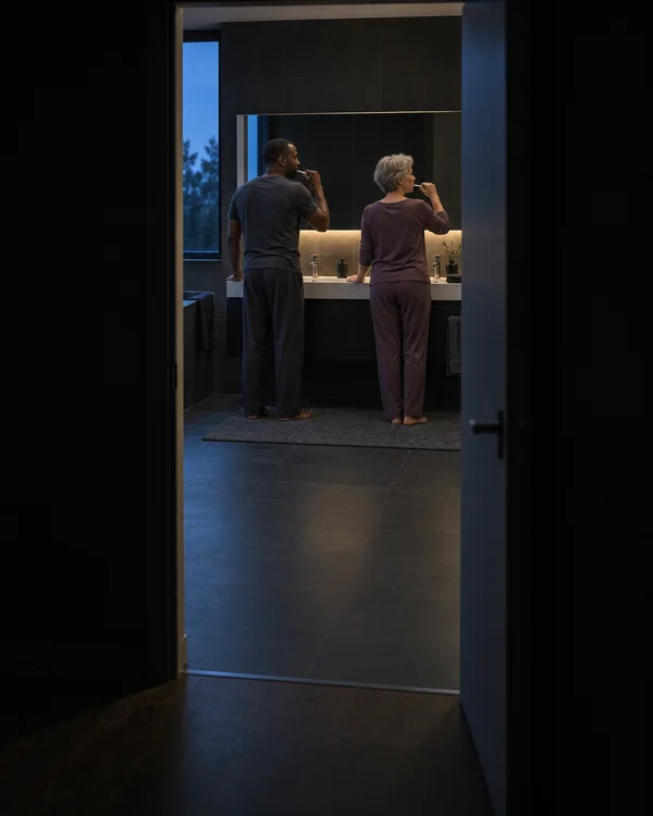 Two adults in dark sleepwear brush their teeth side by side at a double vanity, seen from a dim hallway through an open doorway.