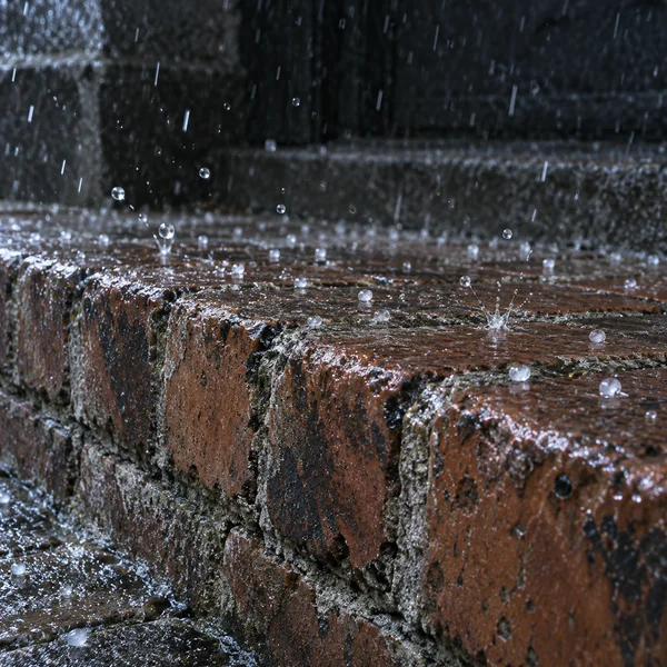 A close, low-angle view of a worn russet brick step with pale mortar and wet, reflective surfaces.