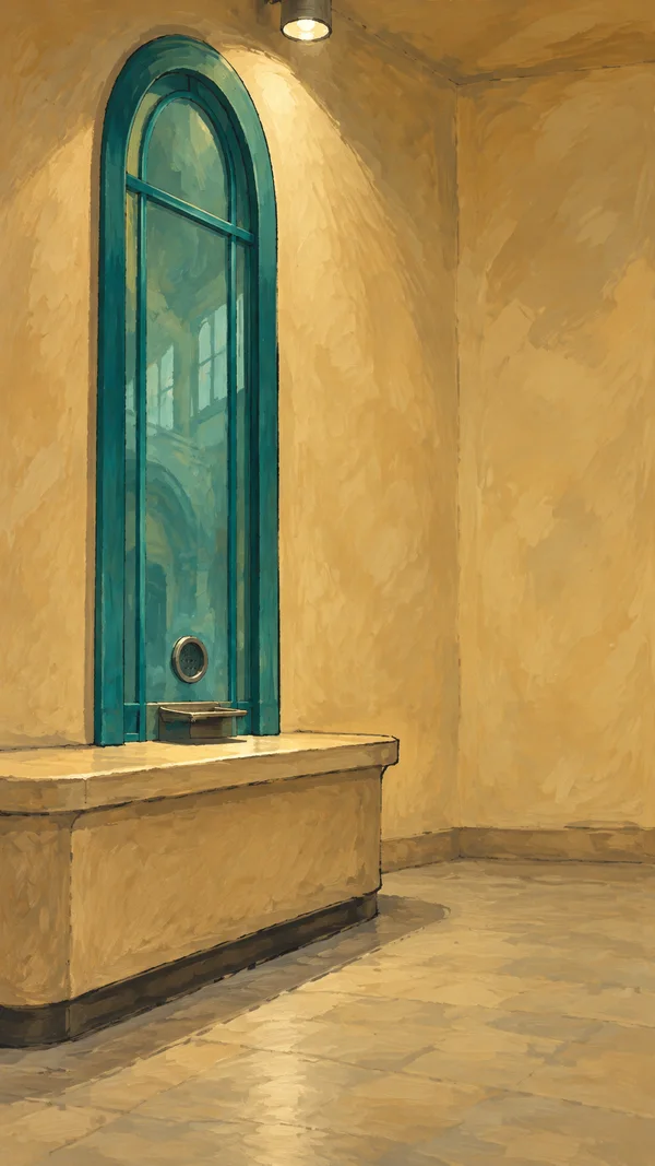 A tall arched turquoise ticket window with a circular speaking aperture and shallow tray rises above a broad sand-coloured counter in an empty, warmly lit hall.