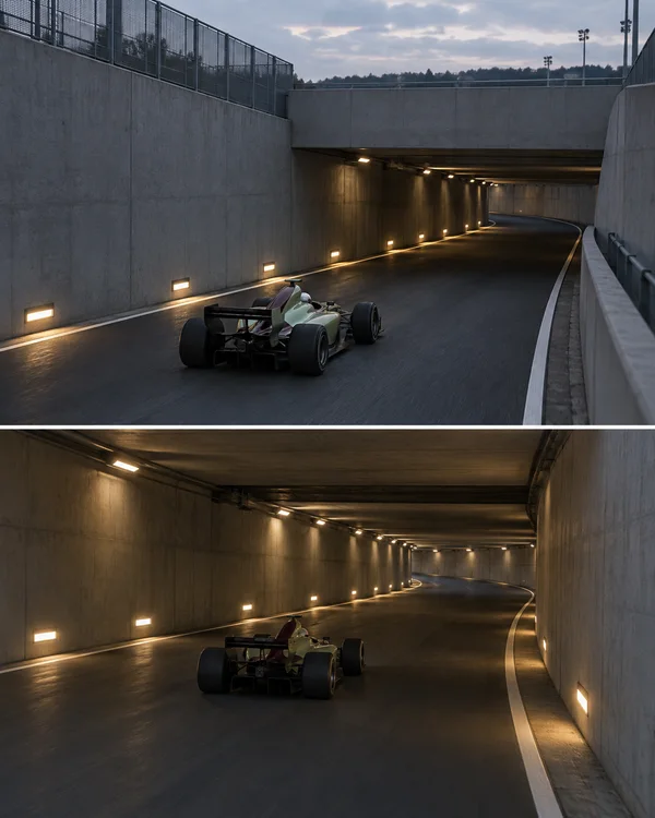 A two-panel portrait diptych shows a pale green open-wheel racing car with a dark purple accent driving away through a concrete circuit underpass.