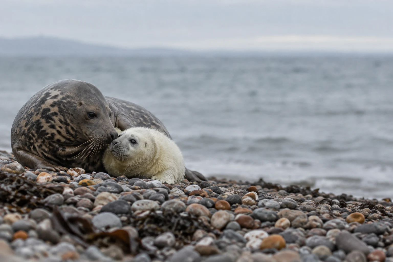 An adult mottled grey seal nuzzles a fluffy cream-white pup on a pebble beach, with a calm grey sea and pale horizon behind them and open water to the right.