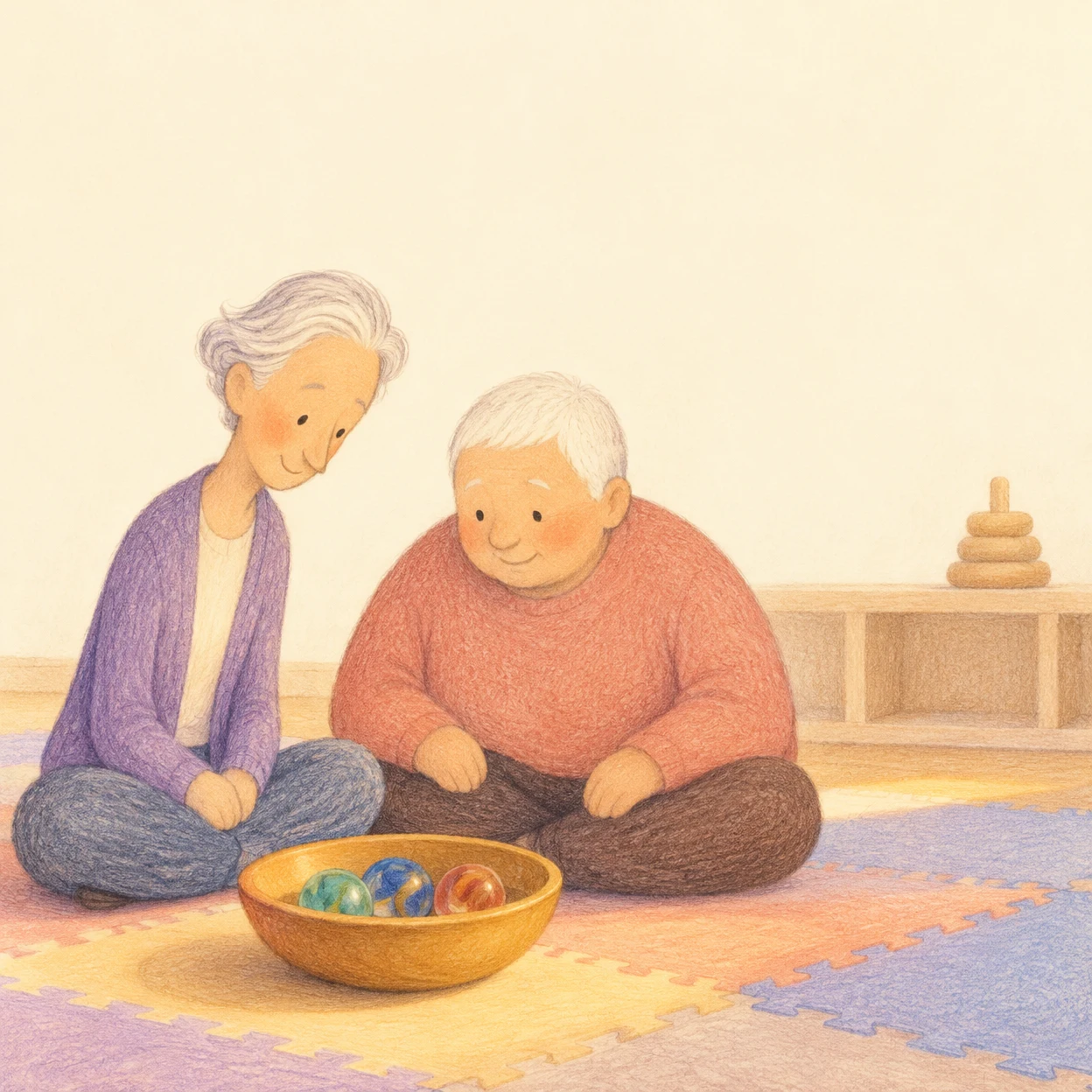Two older adults sit cross-legged on a colorful padded mat, smiling down at three glass marbles in an amber bowl.