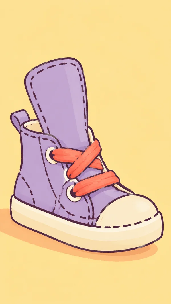 A large lilac high-top sneaker with a tall padded tongue, broad coral laces, cream sole, and dark-plum stitched contours sits against a pale honey background…