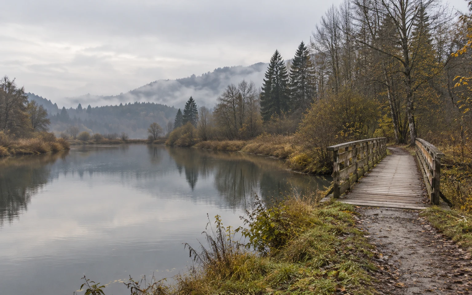 A weathered wooden footbridge and leaf-strewn path sit on the right beside a calm river in a misty, late-autumn wooded valley; pale sky and tree silhouettes…