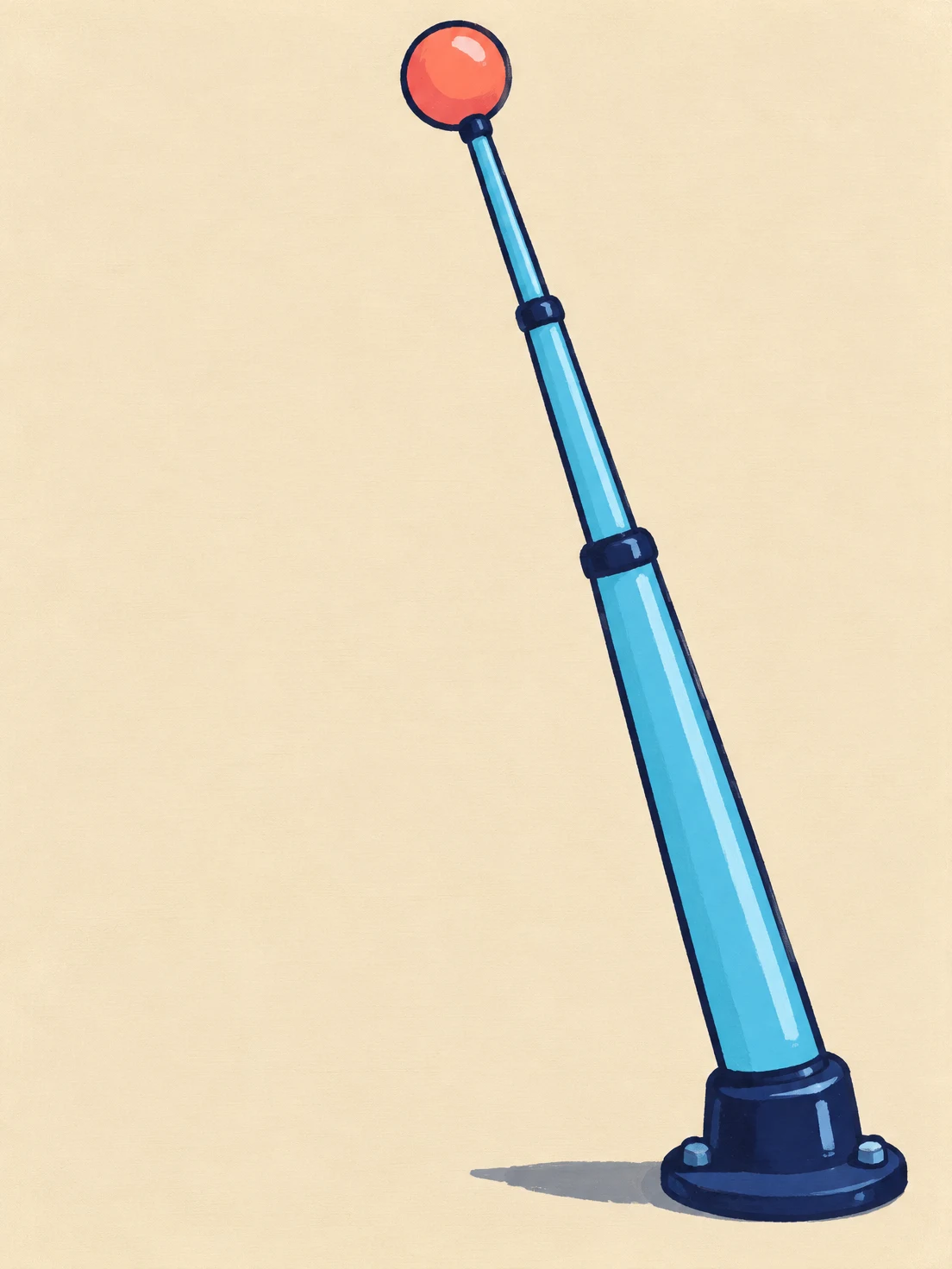 A long cyan telescoping antenna leans diagonally from a navy flanged base in the lower-right area toward a large coral round tip near the top.
