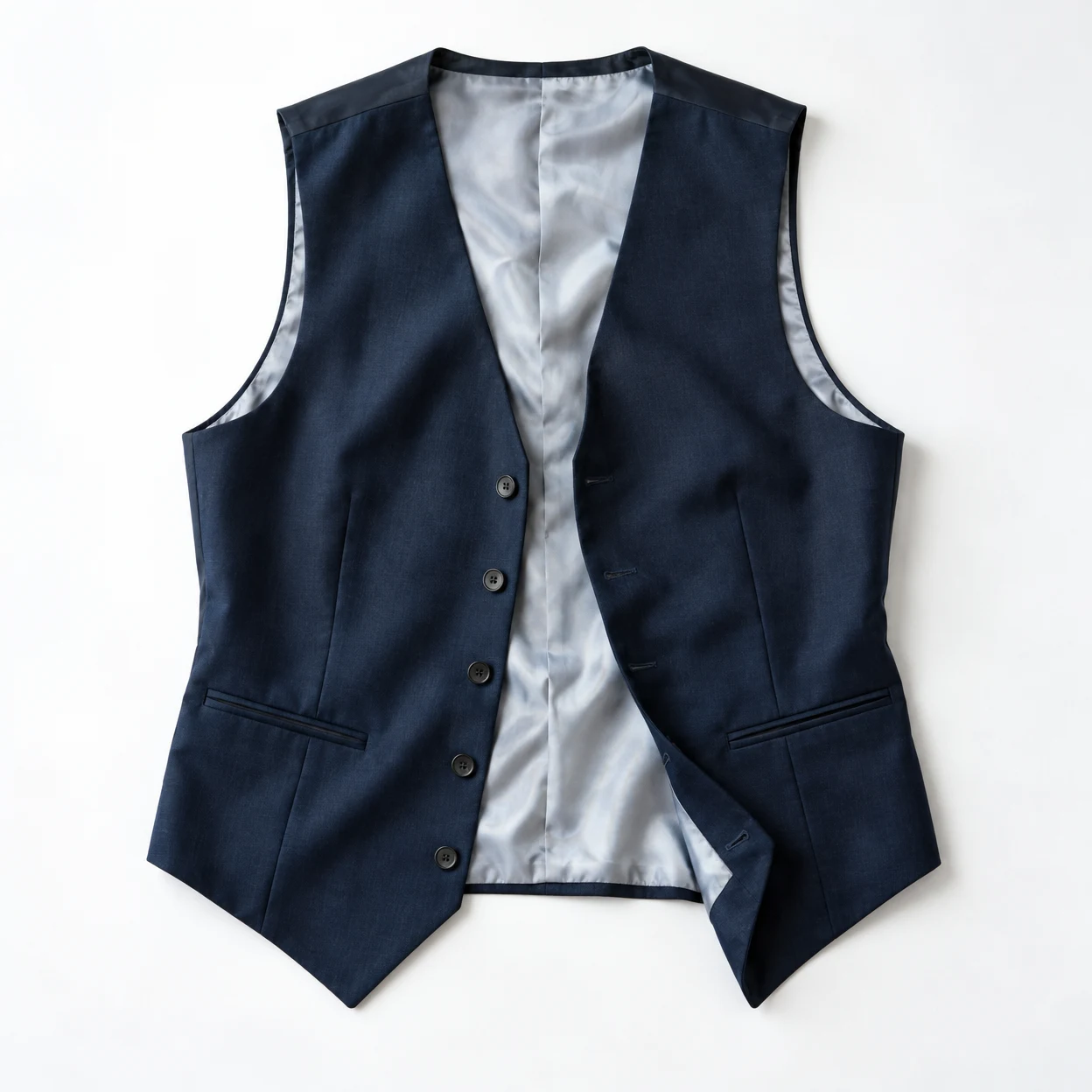 An open midnight-blue waistcoat lies on a white surface, with its pale silver lining exposed and its front panels spread apart.