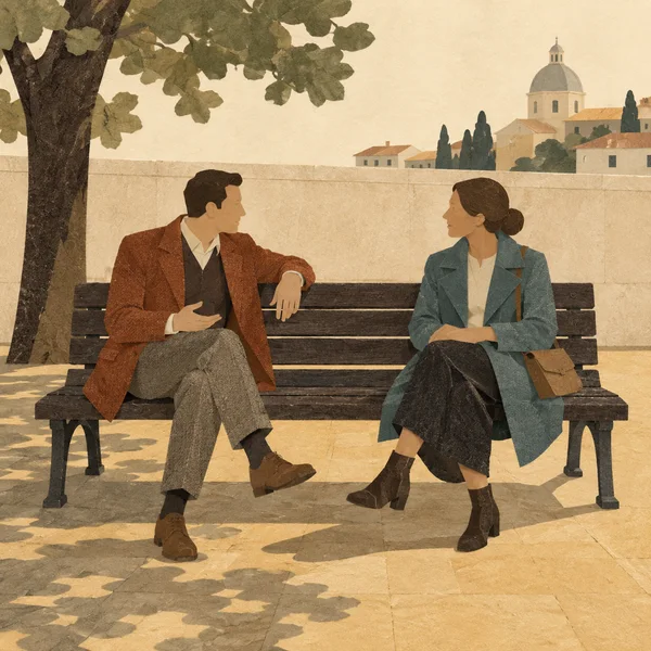 Two adults in rust and muted teal coats sit facing each other on a dark wooden bench in a sunlit square, with a large tree, cream wall, and tiled buildings…