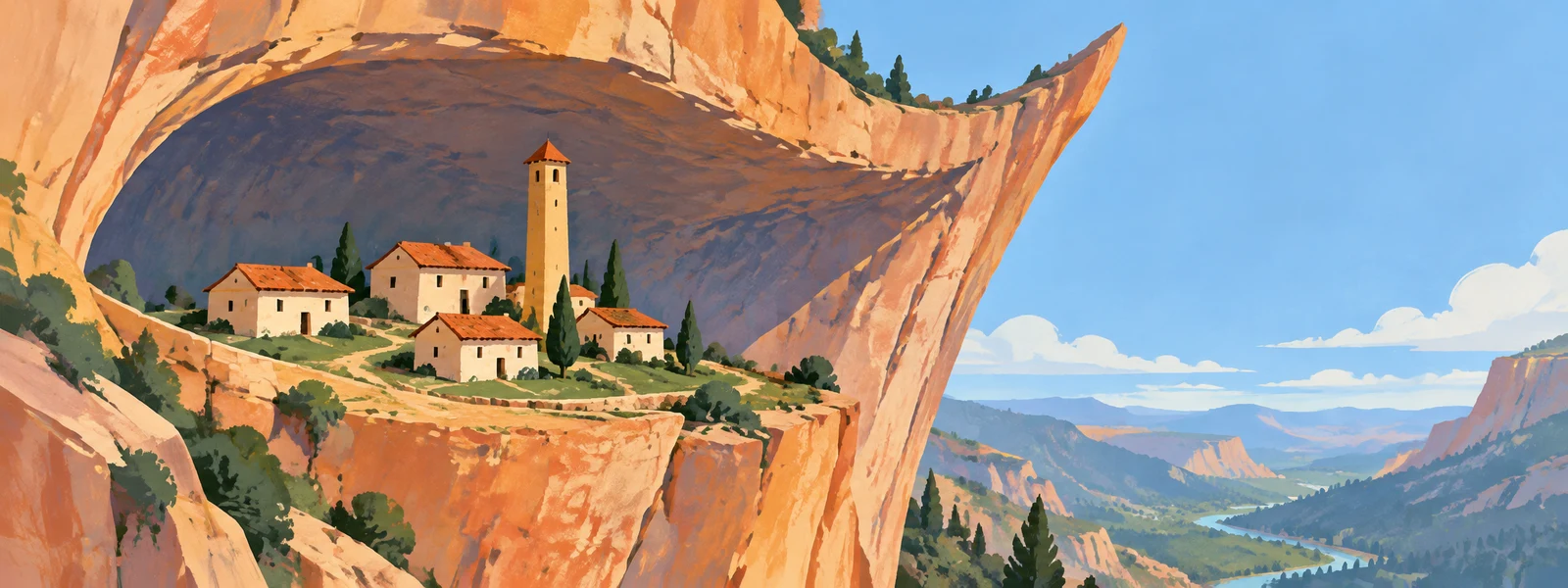 A small cluster of cream houses with terracotta roofs and a slender ochre tower sits on a ledge inside a sweeping sandstone alcove, overlooking a distant…