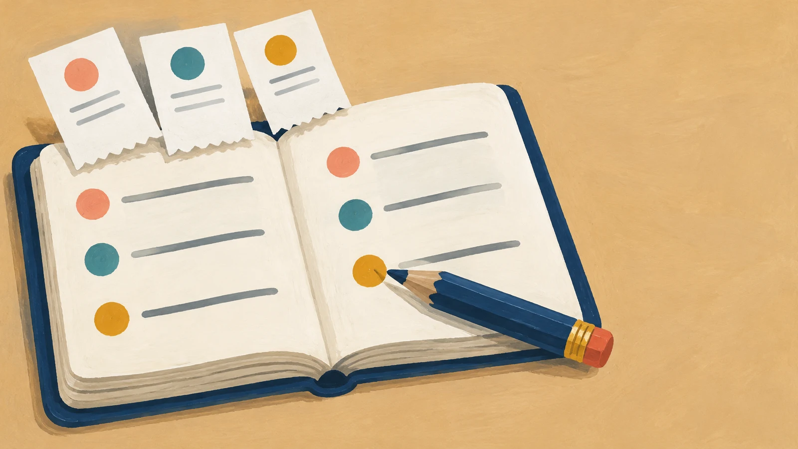 An open cream expense notebook with coral, teal and ochre tracking dots and gray rules sits on a sand-coloured tabletop.