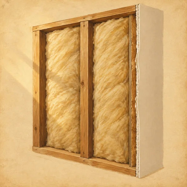 A warm sepia-toned painted illustration of two pale insulation batts fitted between timber studs in a cutaway wall section, with a plasterboard edge visible on…