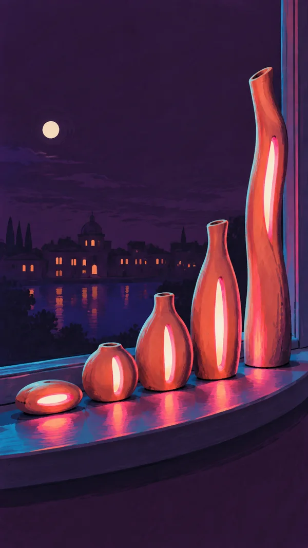 Five coral-colored glowing vessels of increasing height sit on a curved windowsill, with a moonlit city and water in the background.