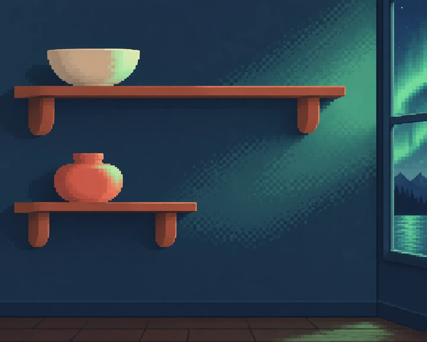 A long terracotta shelf and a shorter offset shelf with rounded brackets hold a cream bowl and coral vase against a midnight-blue wall.