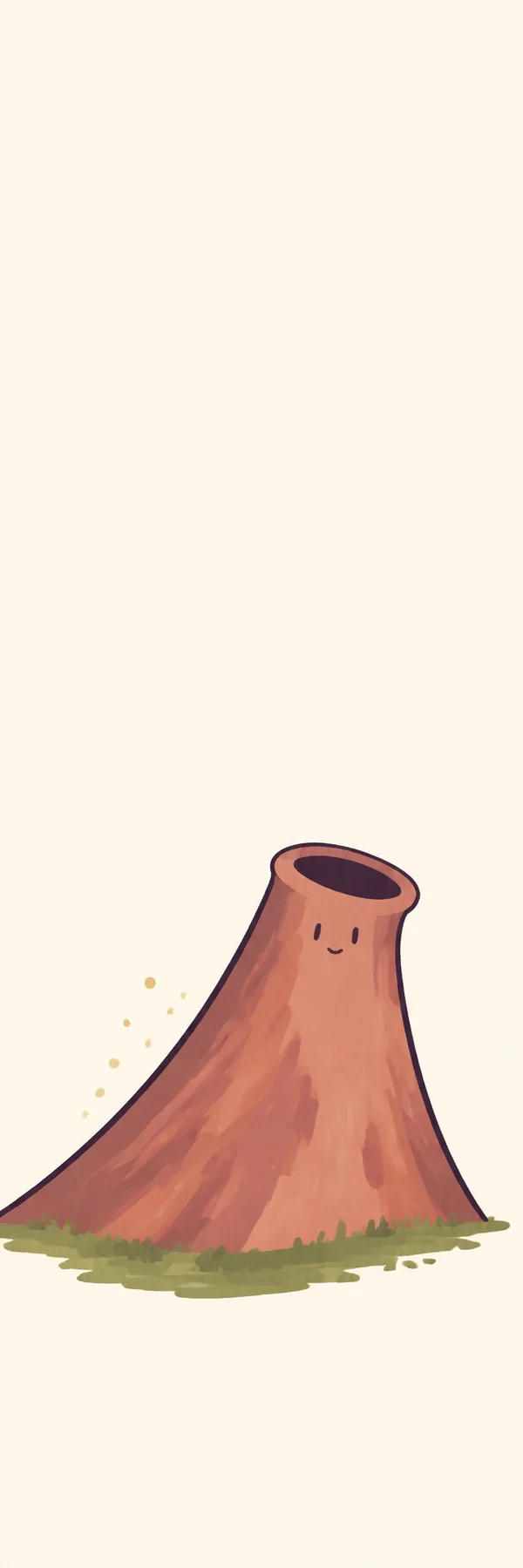 A hand-drawn terracotta volcano with a dark oval crater and a small smiling face rises from a moss-green patch of ground.